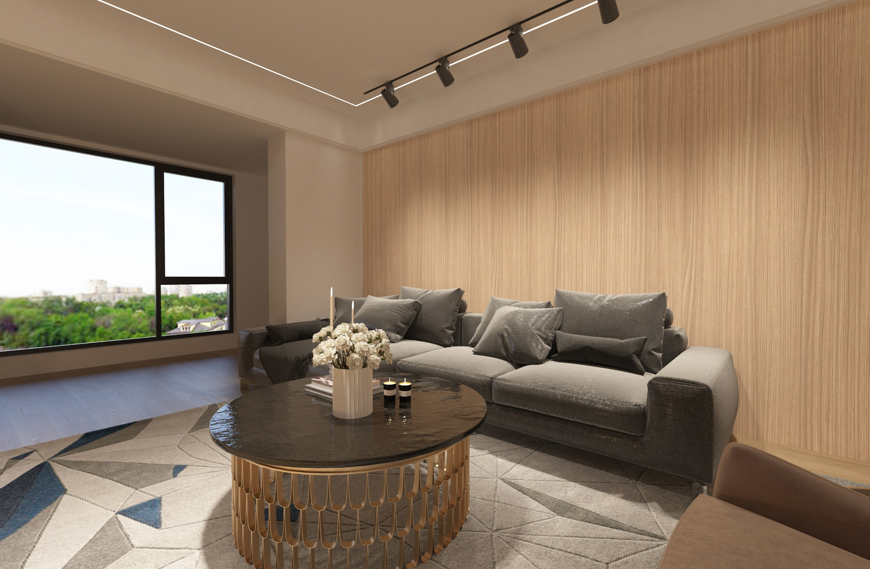 Beige wood grain laminate wall in modern living room with gray sofa and geometric patterned floor.