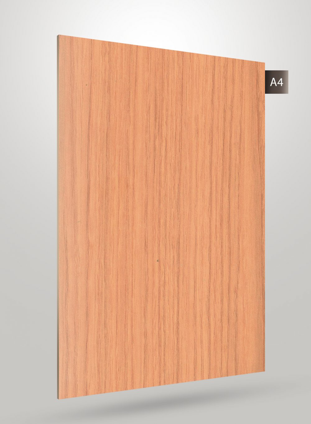 Brown wood grain decorative laminate with matte finish and vertical wood pattern texture.