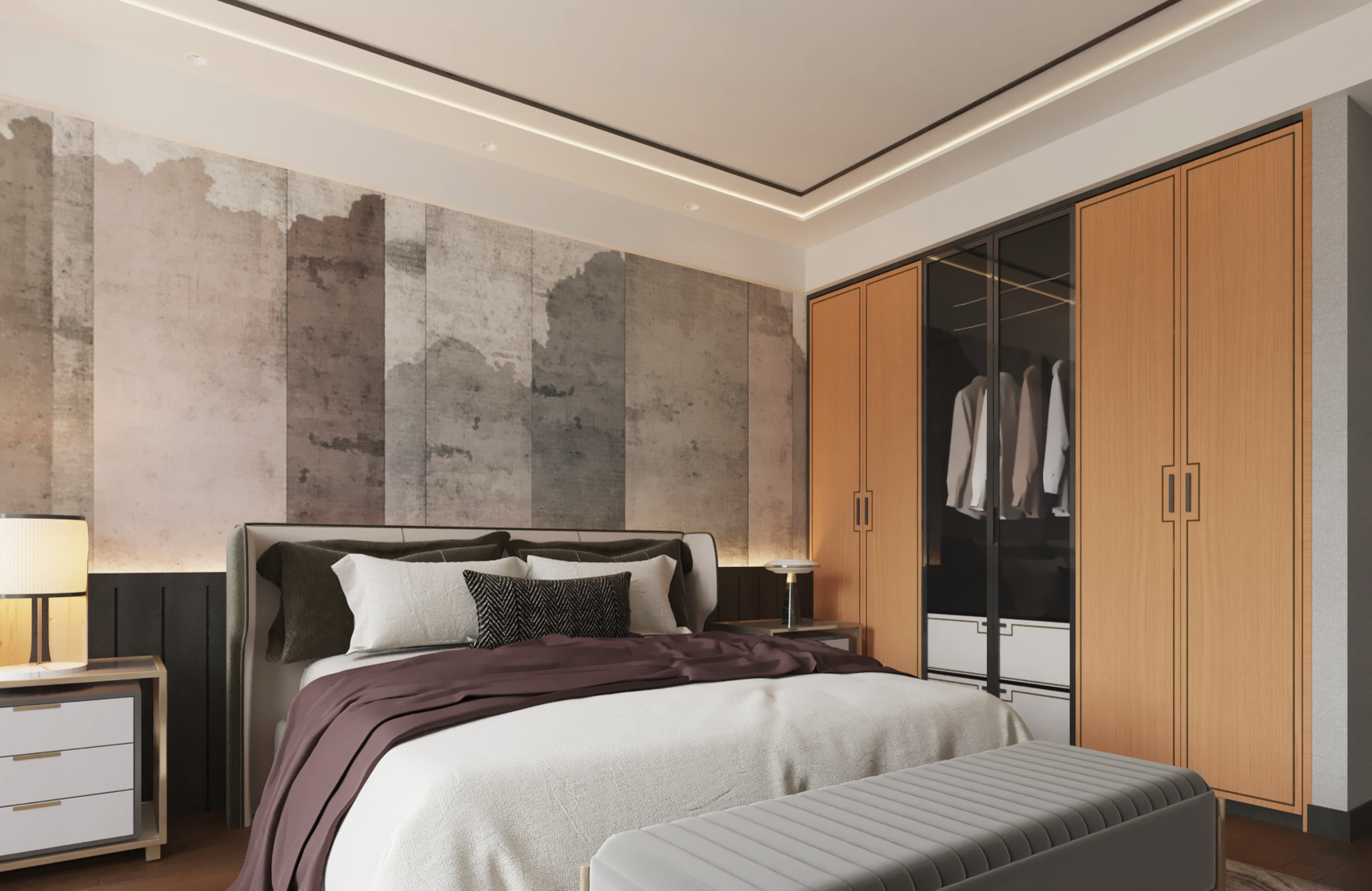 Brown wood laminate wall with matte finish in modern bedroom setting with closet and bed featuring matching wood tones