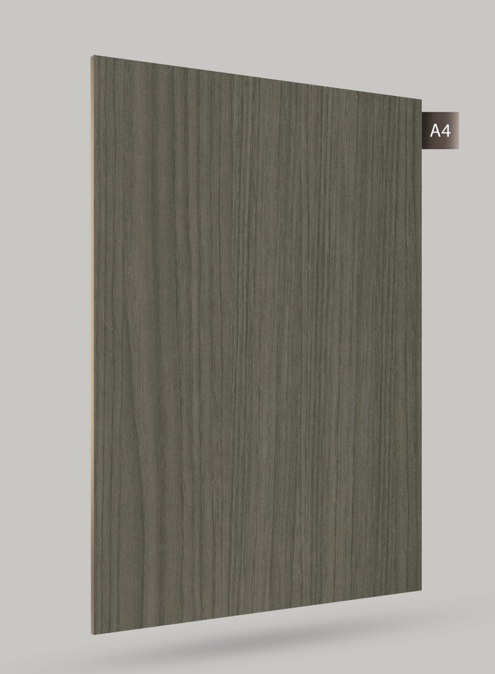 Grey wood grain decorative laminate with matte finish and vertical wood pattern texture.