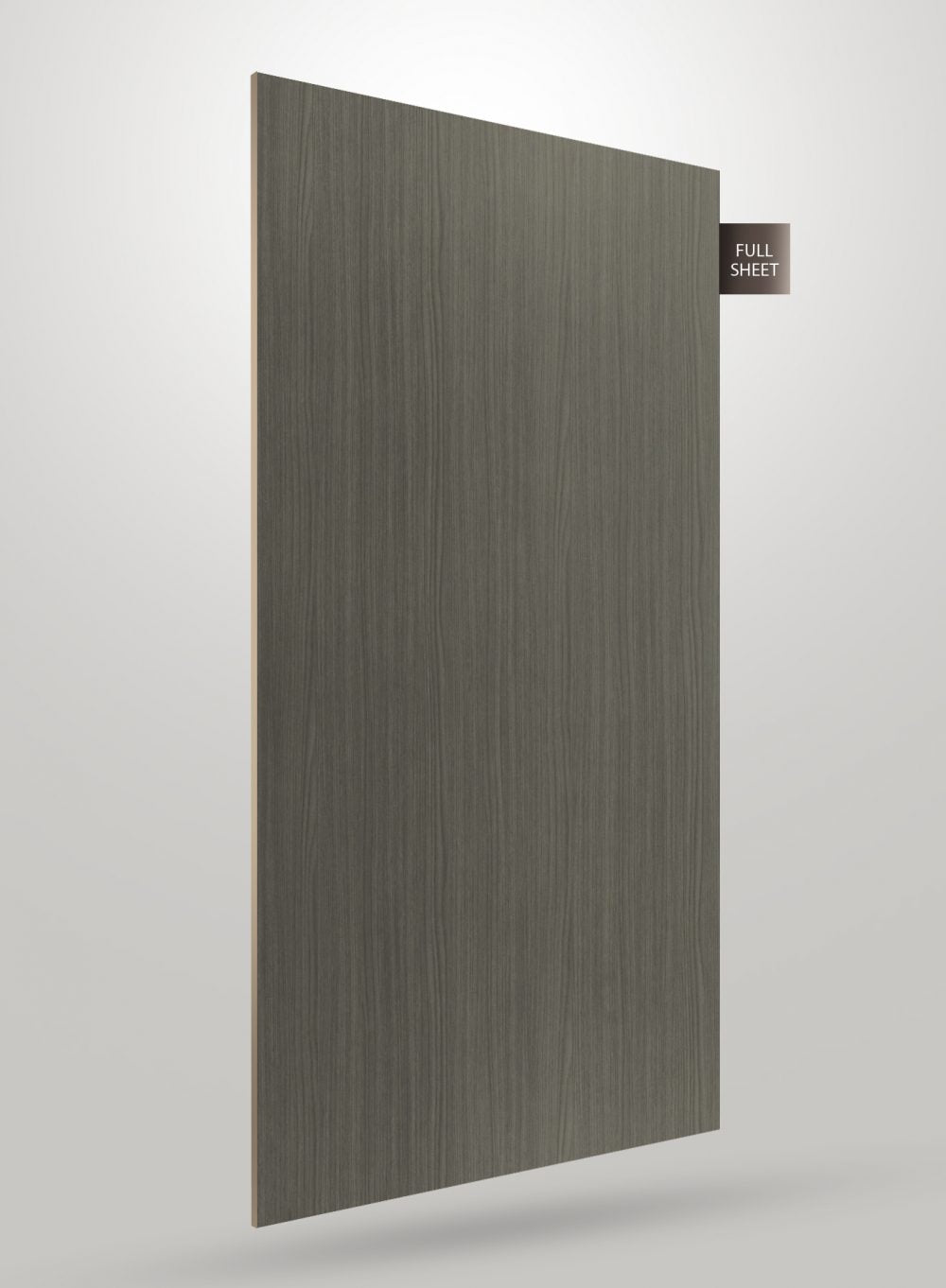 Grey wood grain laminate sheet with matte finish and visible wood texture, labeled full sheet.