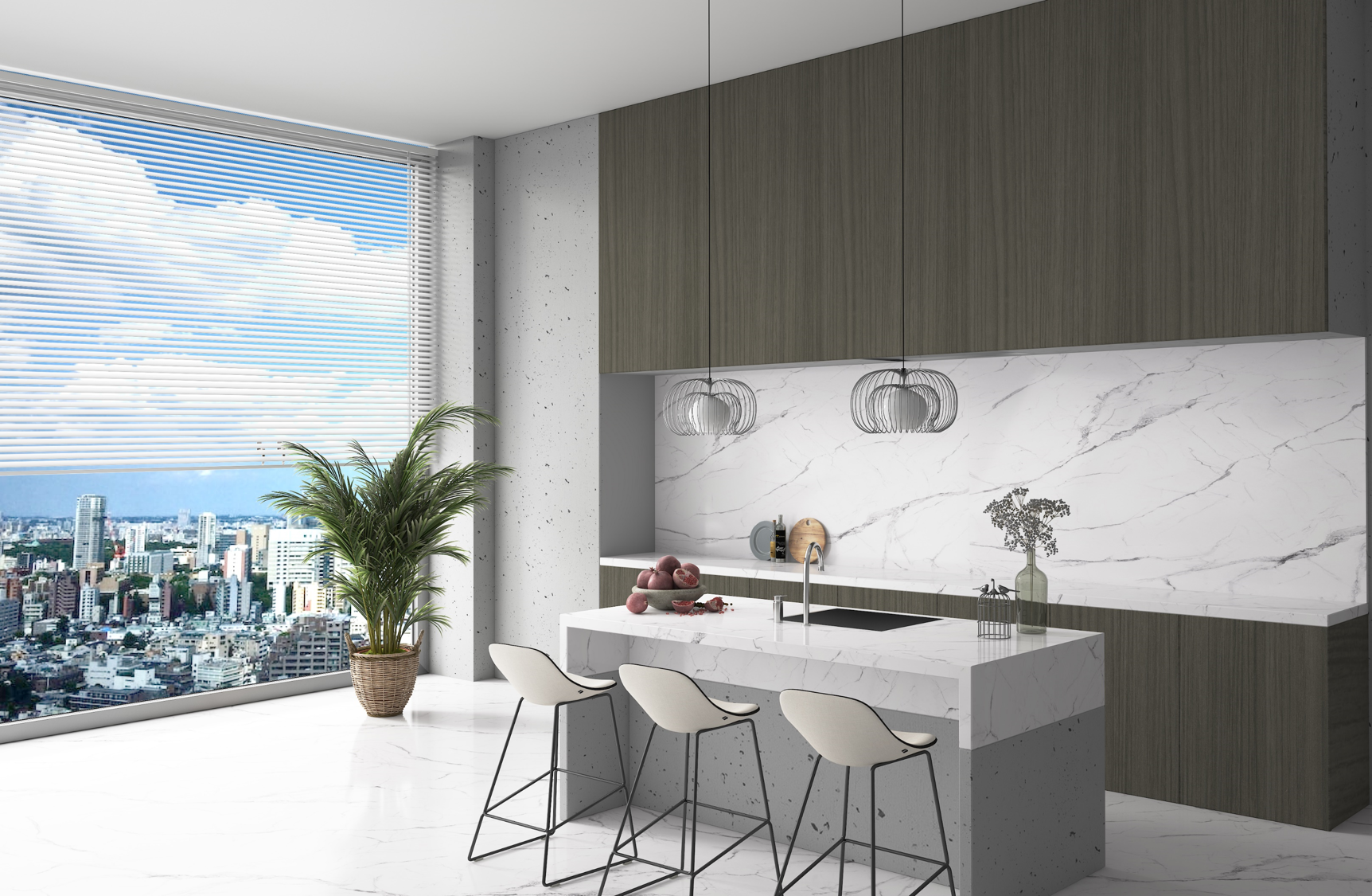 Grey wood grain laminate kitchen cabinets with matte finish and textured wood pattern in modern interior design setting