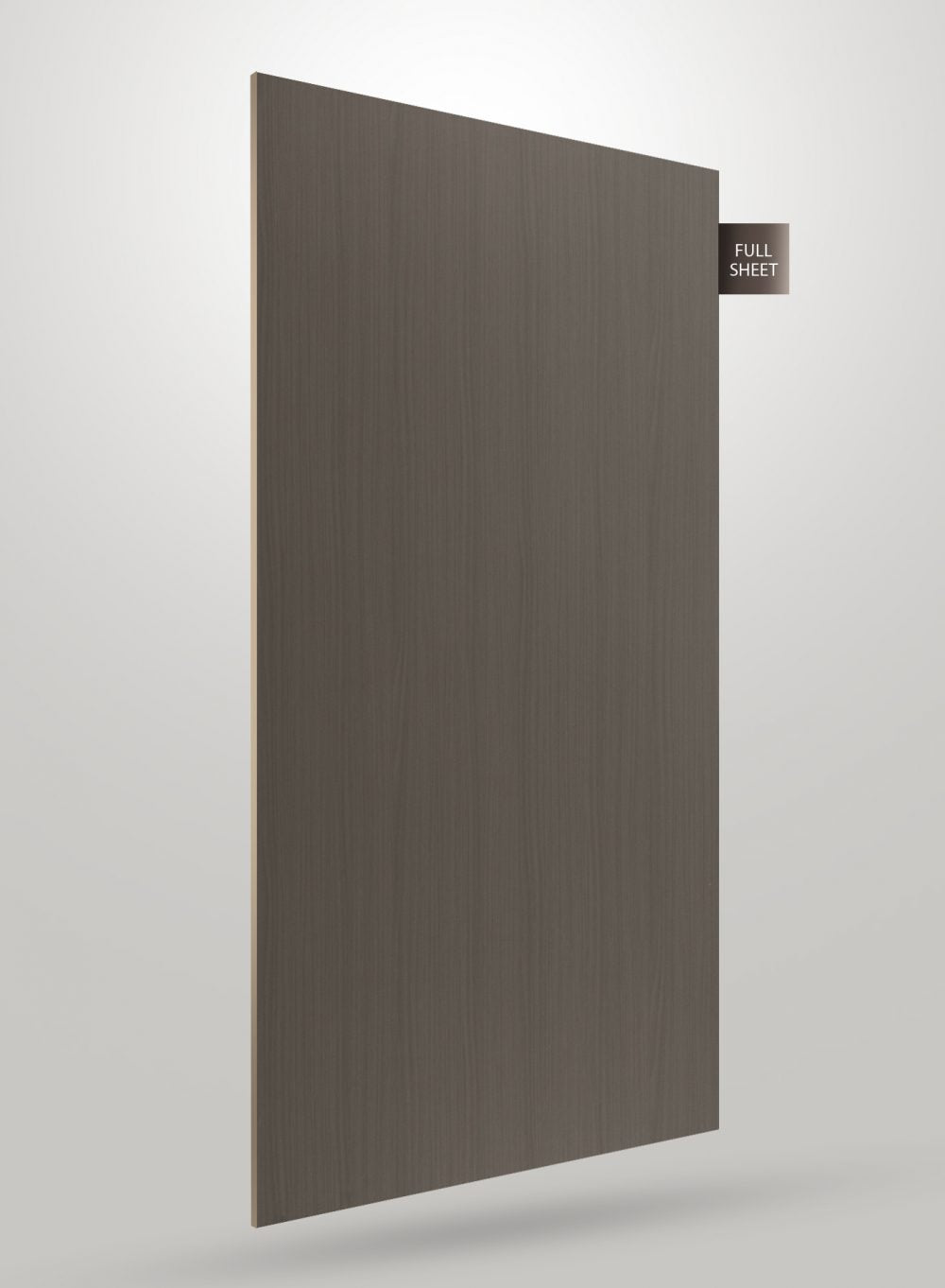 Grey wood grain laminate sheet with matte finish and visible wood texture, shown as full sheet.