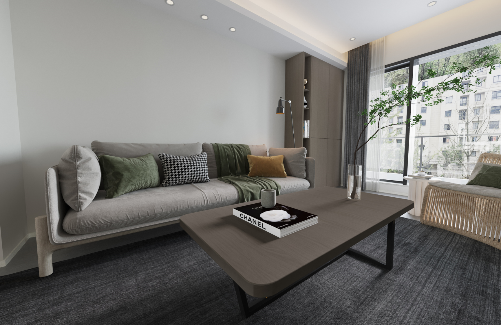 Grey wood laminate with matte finish used on coffee table and shelving unit in modern living room interior