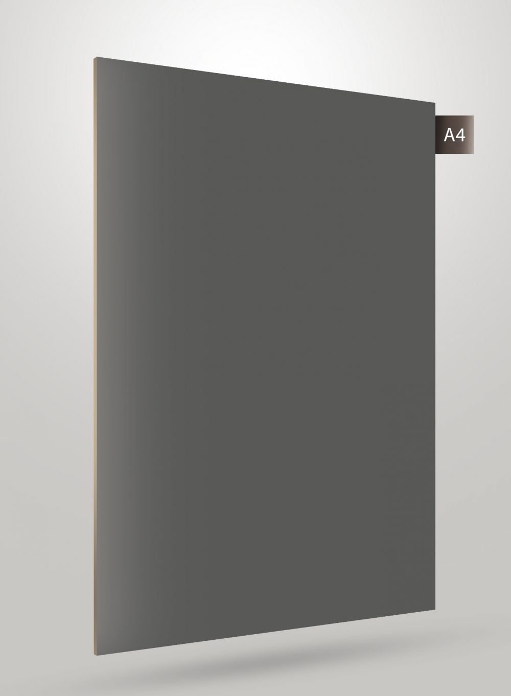 Brown matte laminate sheet with smooth finish and A4 label on corner, solid colour decorative laminate.