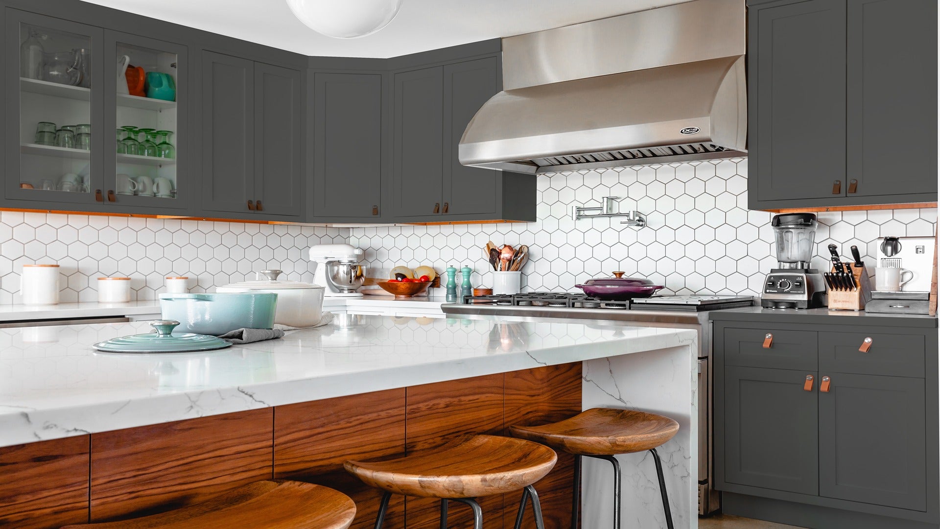 Brown laminate kitchen cabinets with matte finish and wood grain texture in a modern kitchen setting with white countertops