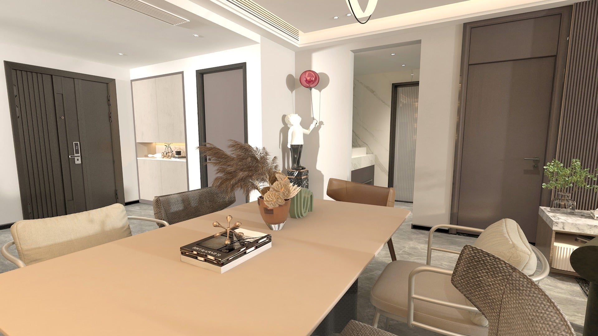 Multi-coloured patterned laminate with matte finish on dining table surface in modern interior setting with decorative
