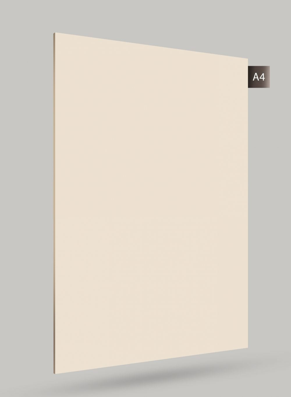 Beige matte laminate sheet with smooth finish and subtle shadow effect, showcasing its thickness and plain surface.