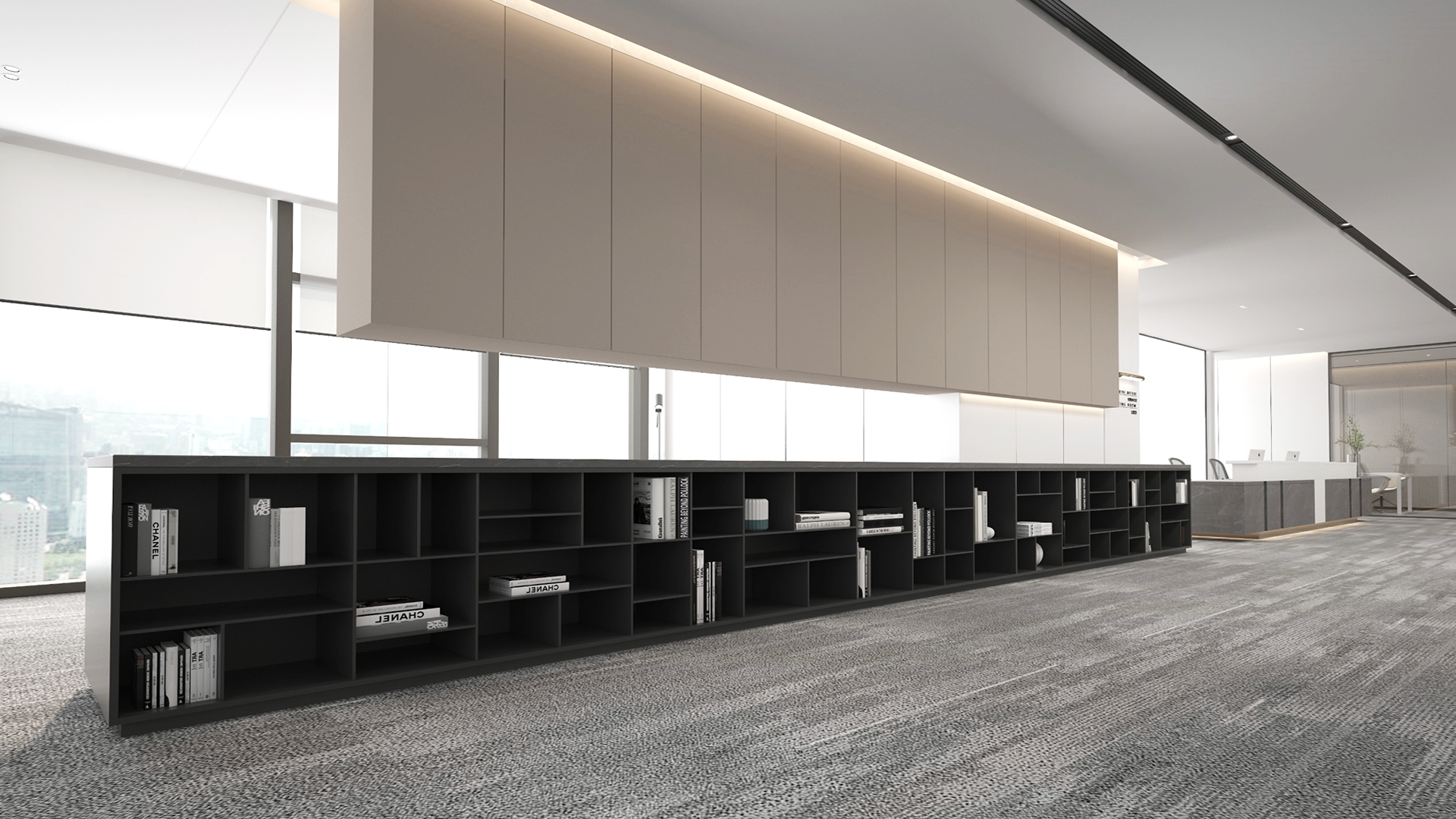 Grey patterned laminate with matte finish used on modern office wall cabinets and shelving units in a bright interior space.