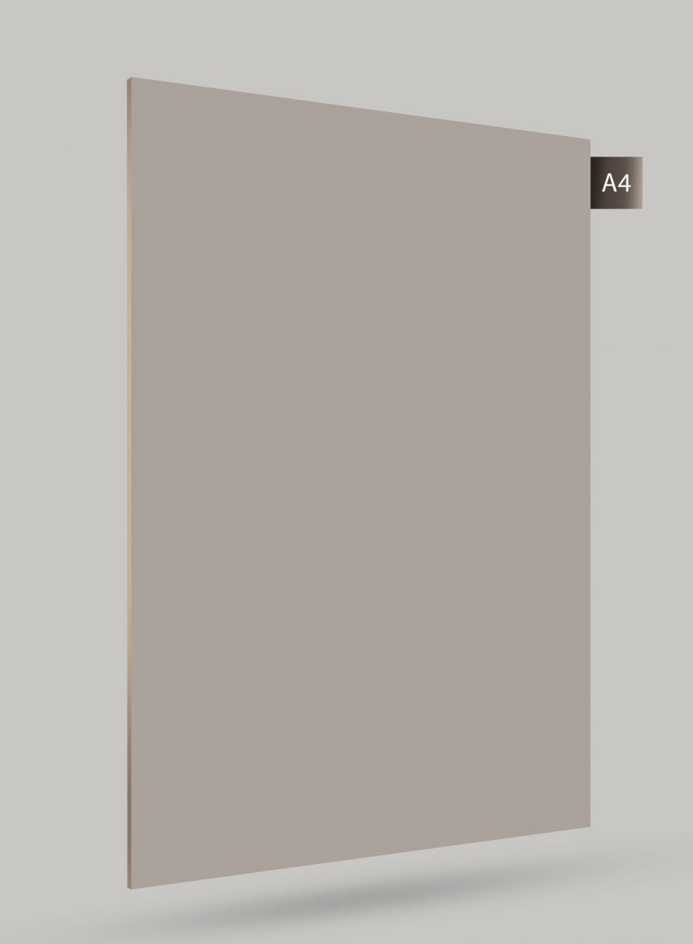 Grey matte laminate sheet with smooth finish and subtle shadow effect, showcasing thickness and edge detail.