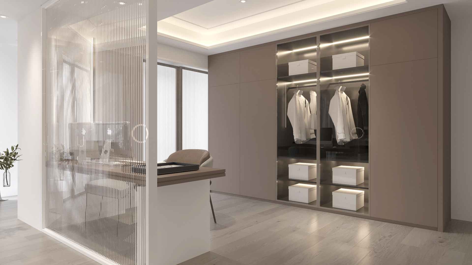 Multi-coloured patterned laminate with matte finish used on closet and desk in a modern minimalist dressing room