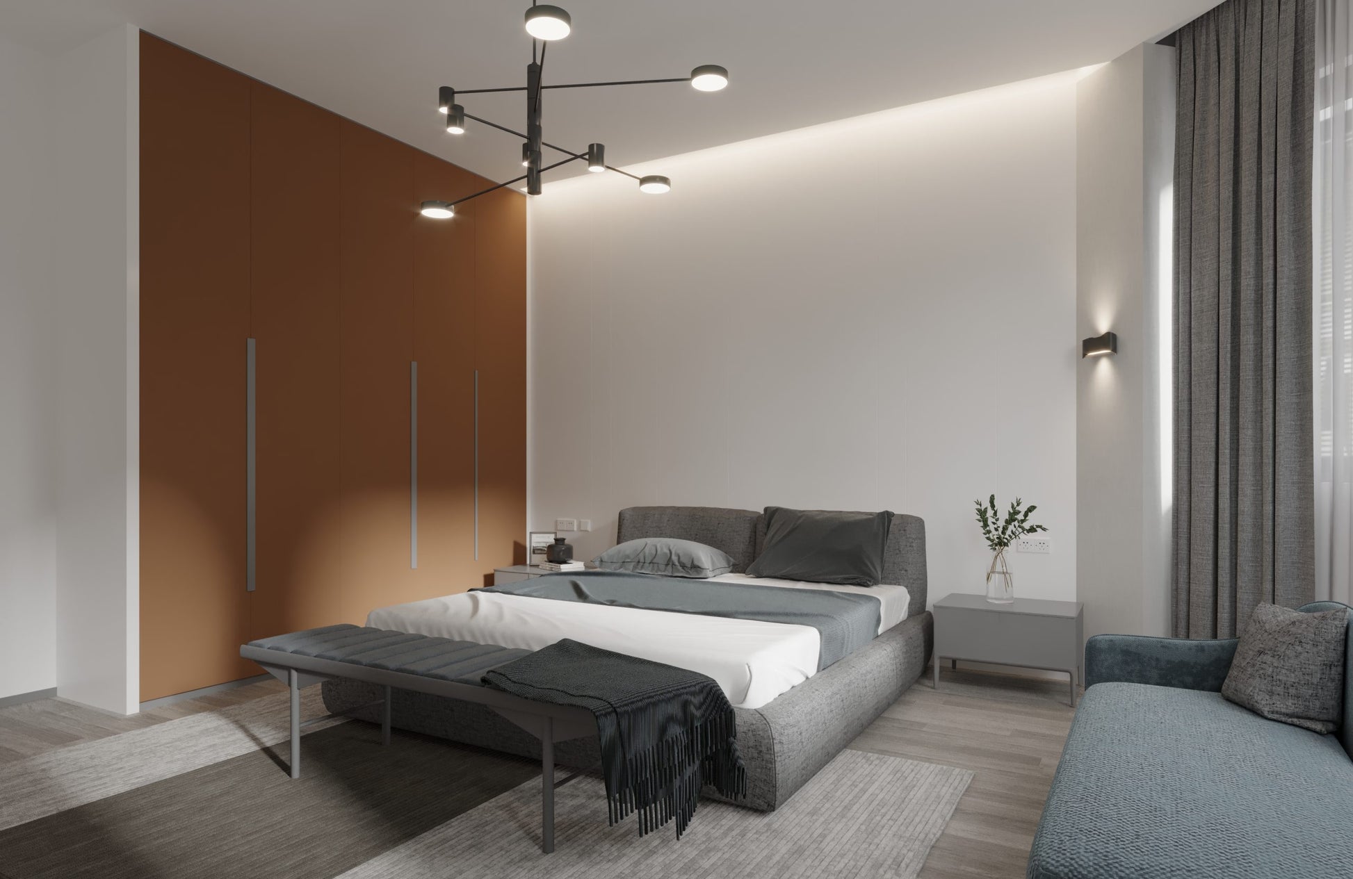 Brown patterned laminate wall in modern bedroom with sleek furniture and soft lighting highlighting glossy finish.