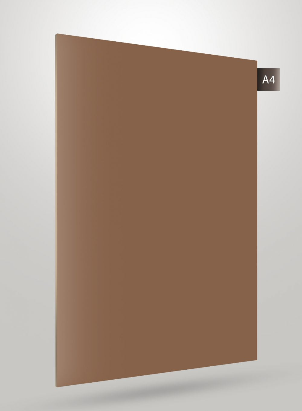Brown solid laminate sheet with glossy finish and A4 label on corner, showcasing uniform color and smooth surface.