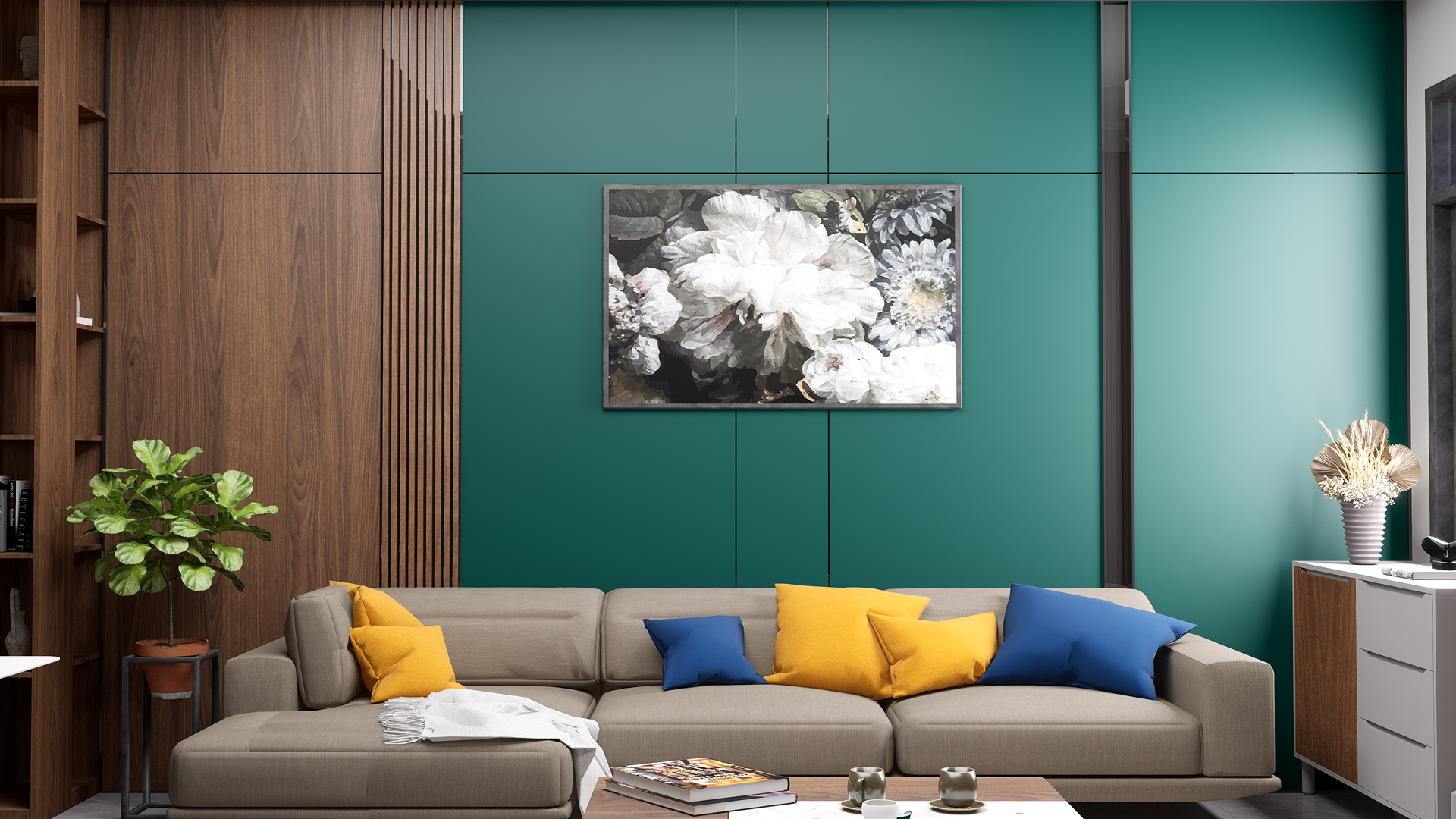 Solid green matte laminate wall in a modern living room with beige sofa and decorative pillows and wooden accents.