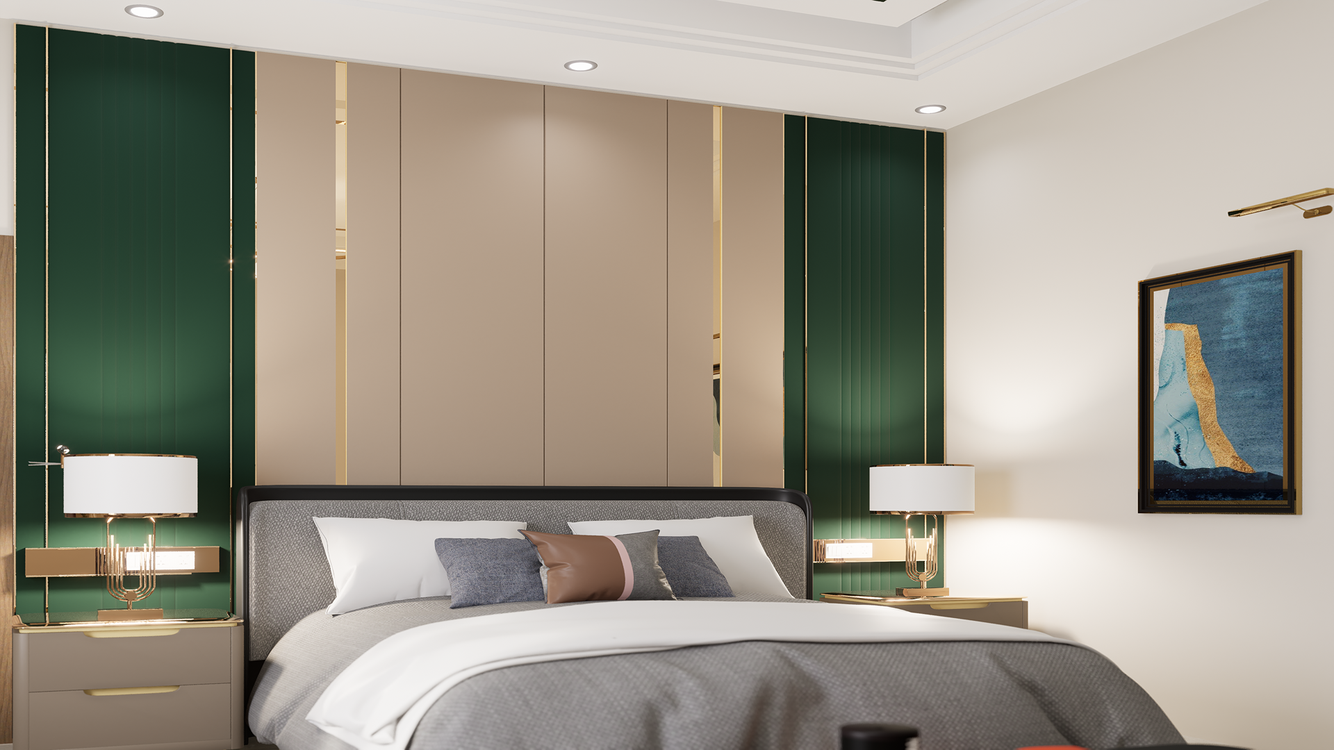 Beige matte laminate wall panels with gold accents in a modern bedroom setting with grey bed and green cabinetry