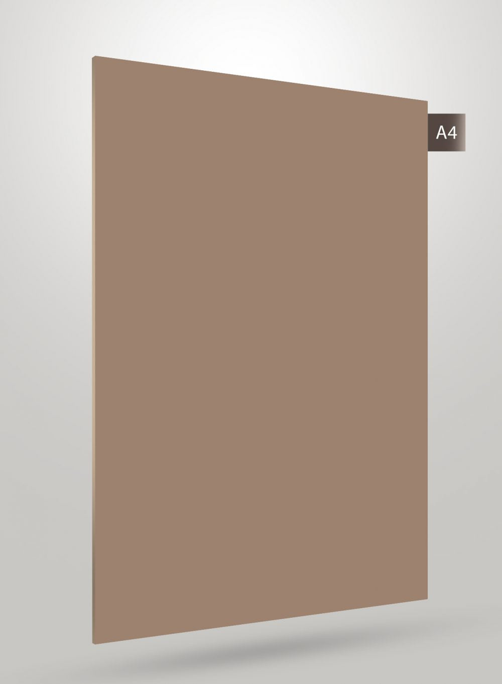 Brown matte laminate sheet with solid colour finish and smooth texture, labelled A4.