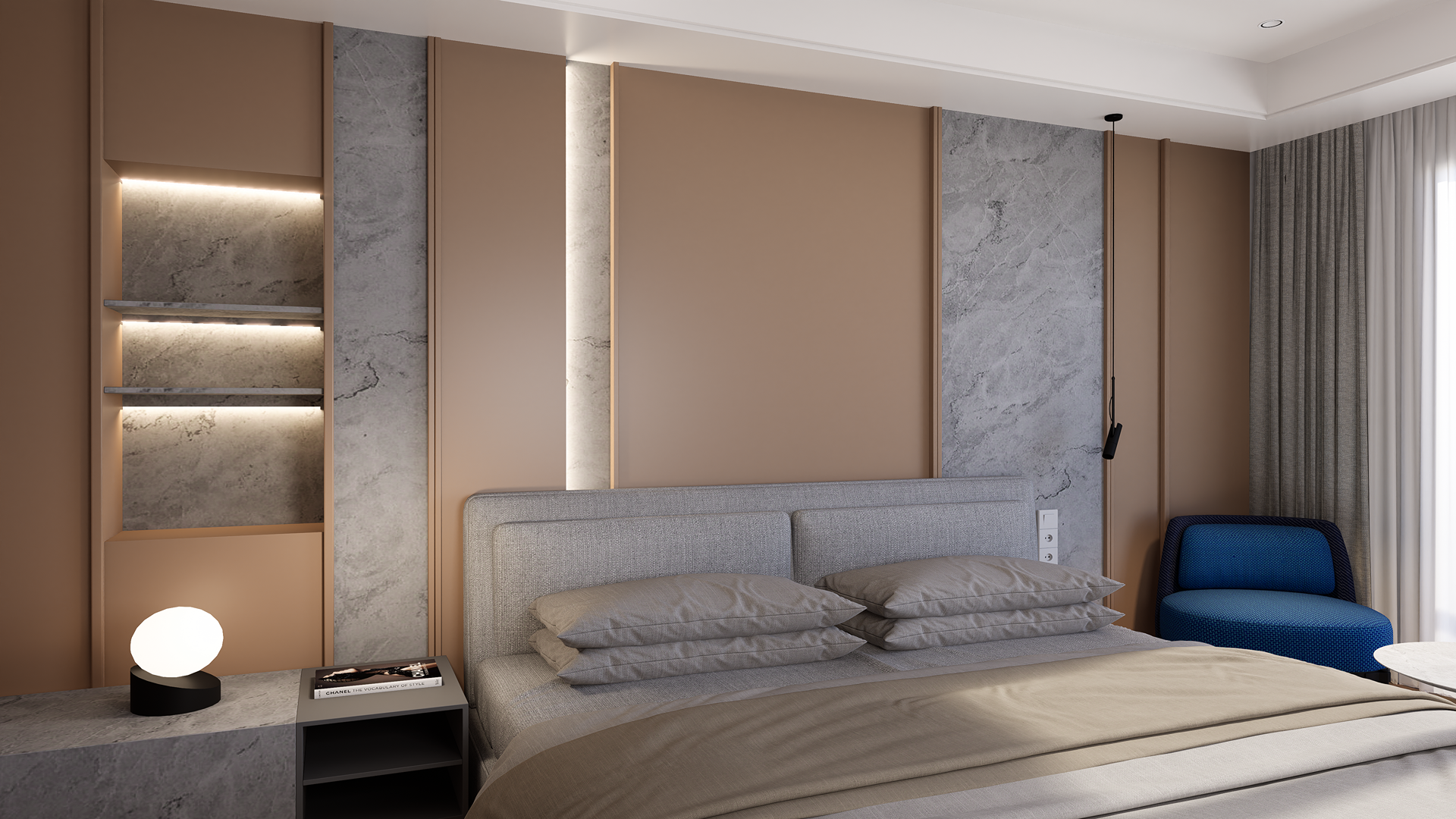 Brown matte laminate wall in modern bedroom with gray headboard and blue chair, showcasing solid color finish and interior