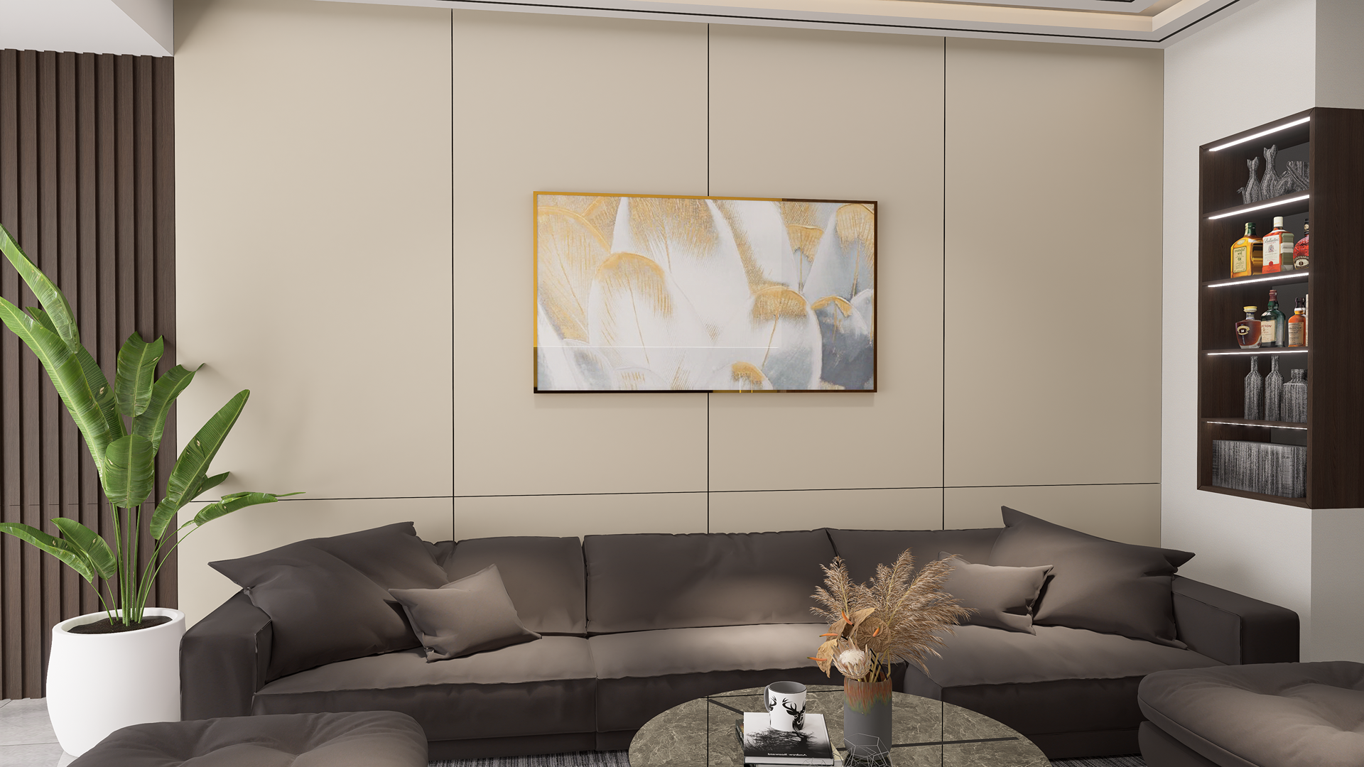 Beige solid colour laminate wall panels with matte finish in a modern living room setting with dark furniture and decor