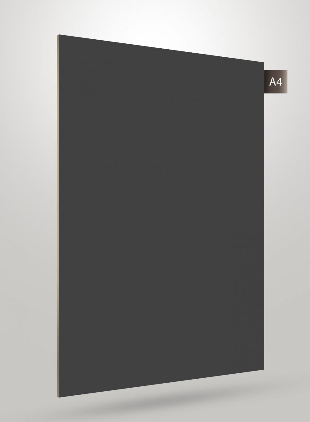Grey matte laminate sheet with solid color finish and smooth texture, decorative laminate sample labeled A4.