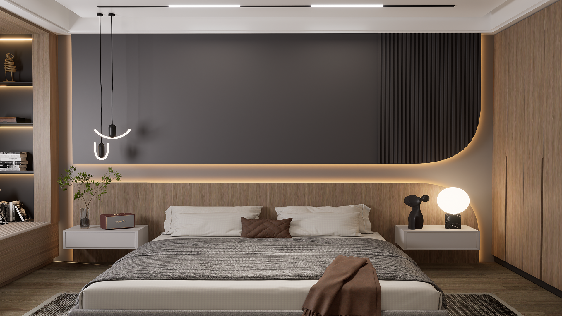 Grey matte laminate wall in modern bedroom with wooden accents and minimalist decor showcasing solid color laminate usage.