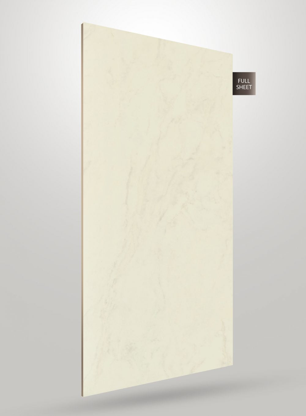 Beige marble laminate sheet with subtle veining and matte finish, labeled full sheet on a gray background.