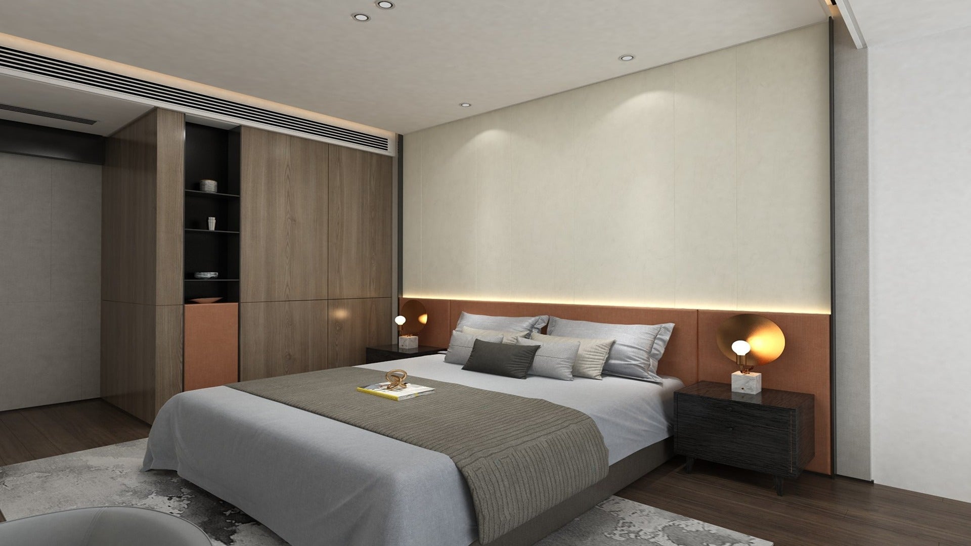 Beige marble laminate wall panels in modern bedroom with wooden furniture and soft lighting creating a serene atmosphere.