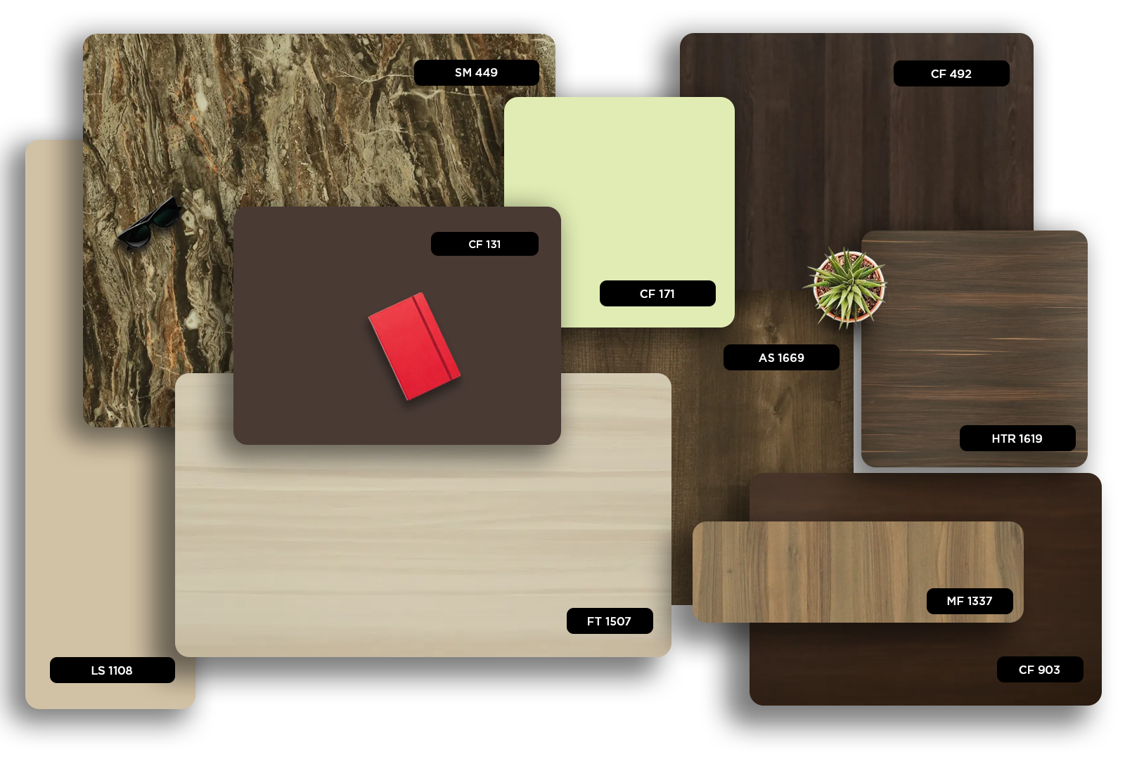 Multi-coloured marble laminate with matte finish and veining pattern, showcasing various interior material samples.