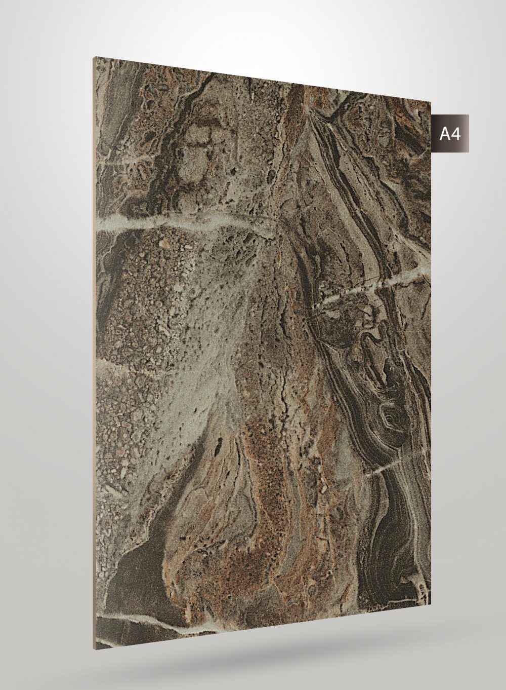 Multi-colour marble laminate with textured finish and swirling pattern, displaying earthy tones and natural stone appearance.