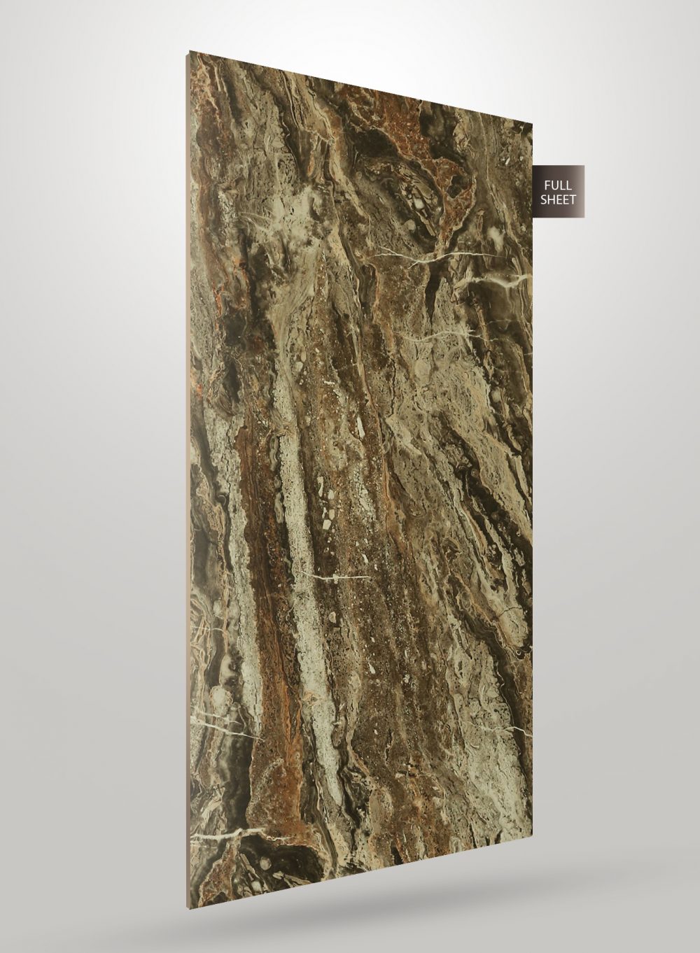 Multi-colour marble laminate sheet with textured finish and veining pattern, displayed at an angle with full sheet label.