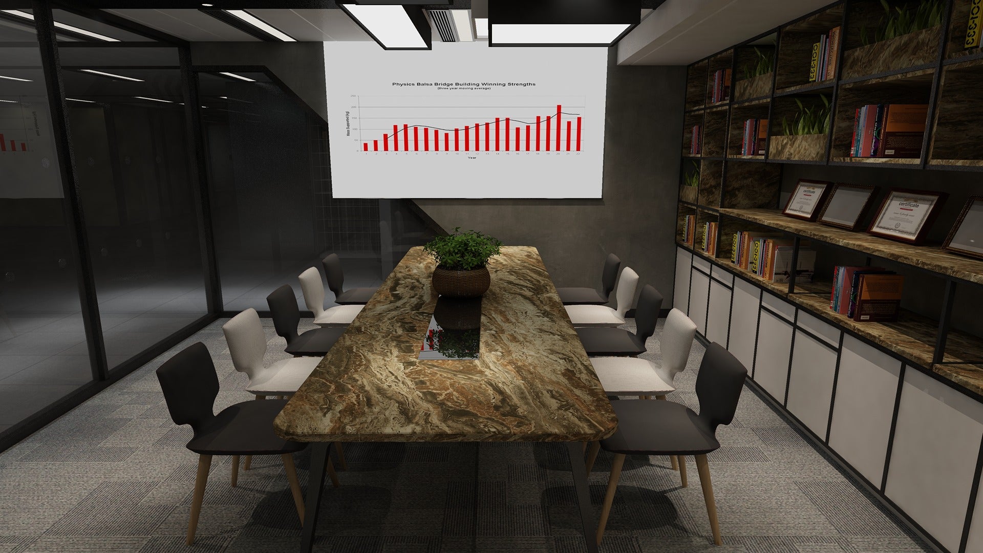 Multicolour marble laminate table and bookshelves in modern office setting with matte finish and natural stone pattern