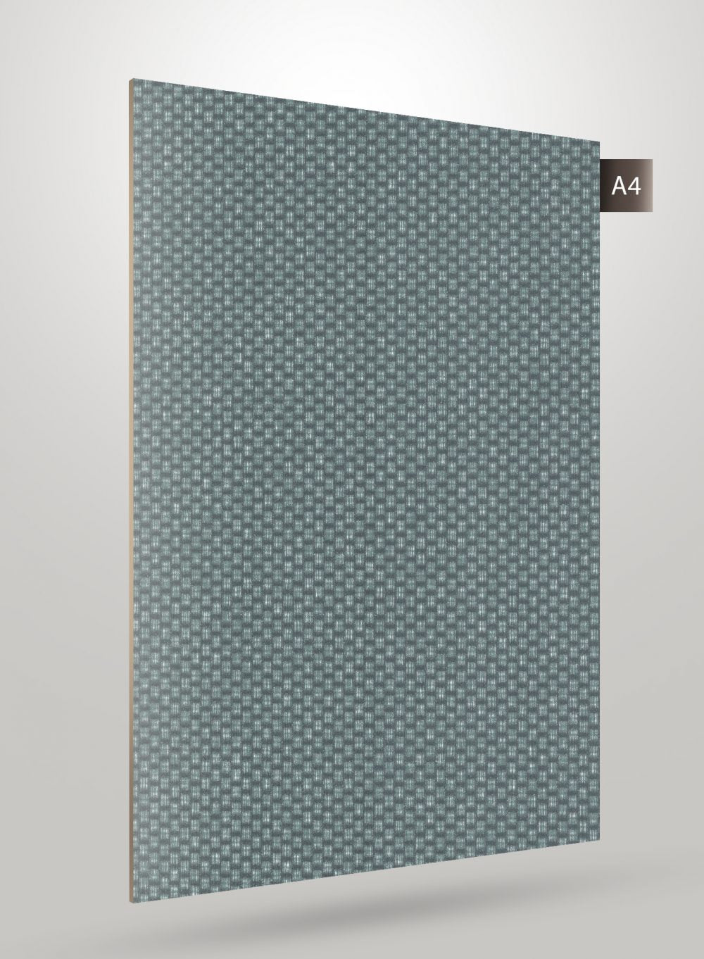 Grey patterned laminate sheet with matte finish and textured weave design, displayed at an angle.