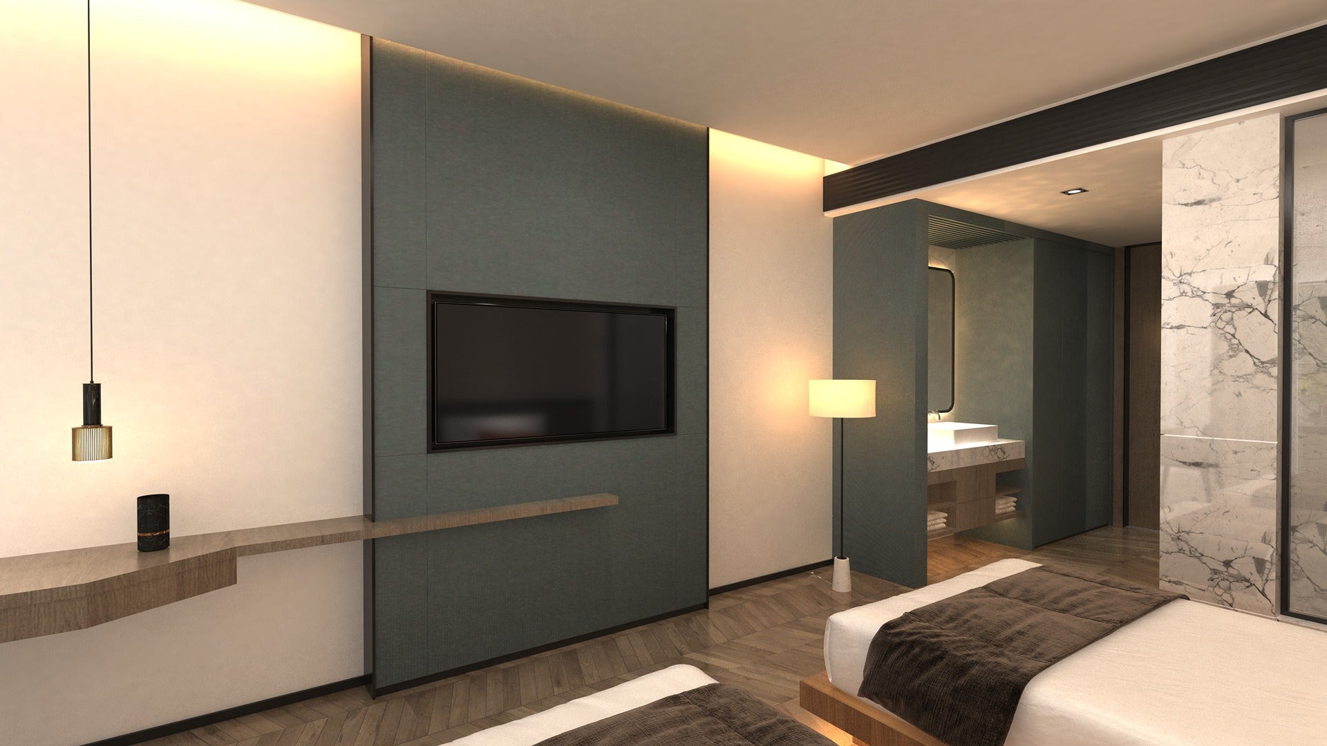 Grey matte laminate wall panel in modern bedroom with TV and bathroom visible, featuring textured finish and subtle pattern.