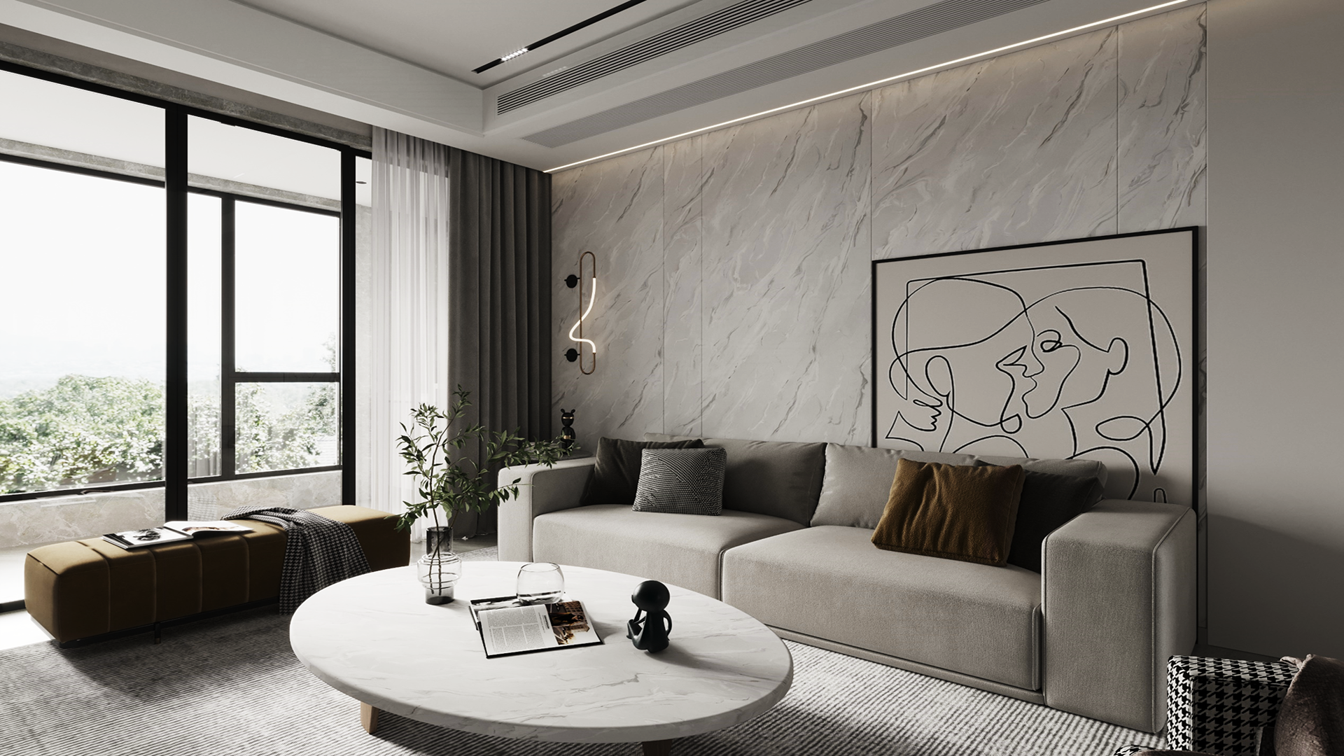 Marble laminate wall in modern living room with grey sofa and minimalist decor, featuring matte finish and veined pattern.