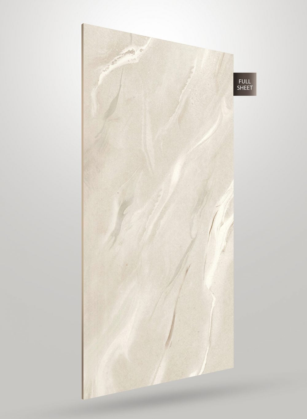 Marble laminate sheet with beige and white veining, matte finish, shown at an angle with full sheet label.