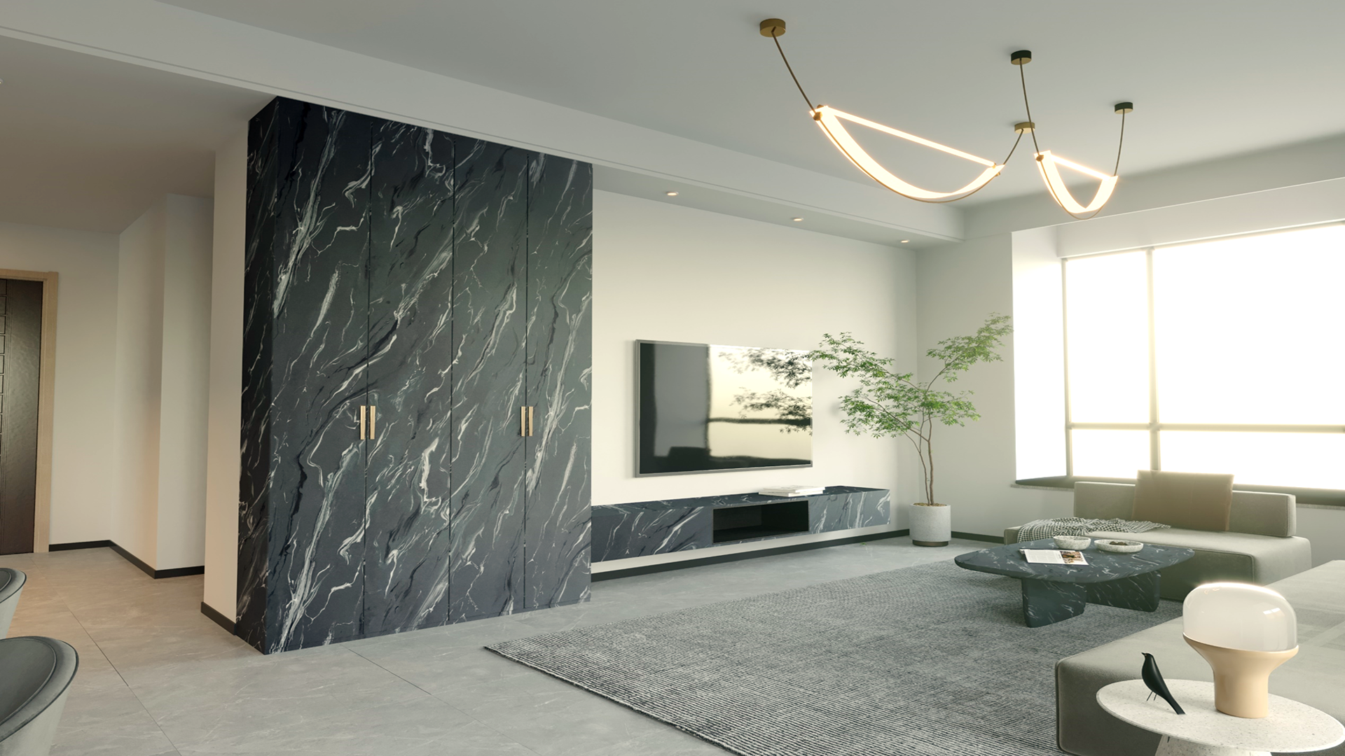 Dark marble laminate wall with white veining in modern living room with minimalist decor and natural light.