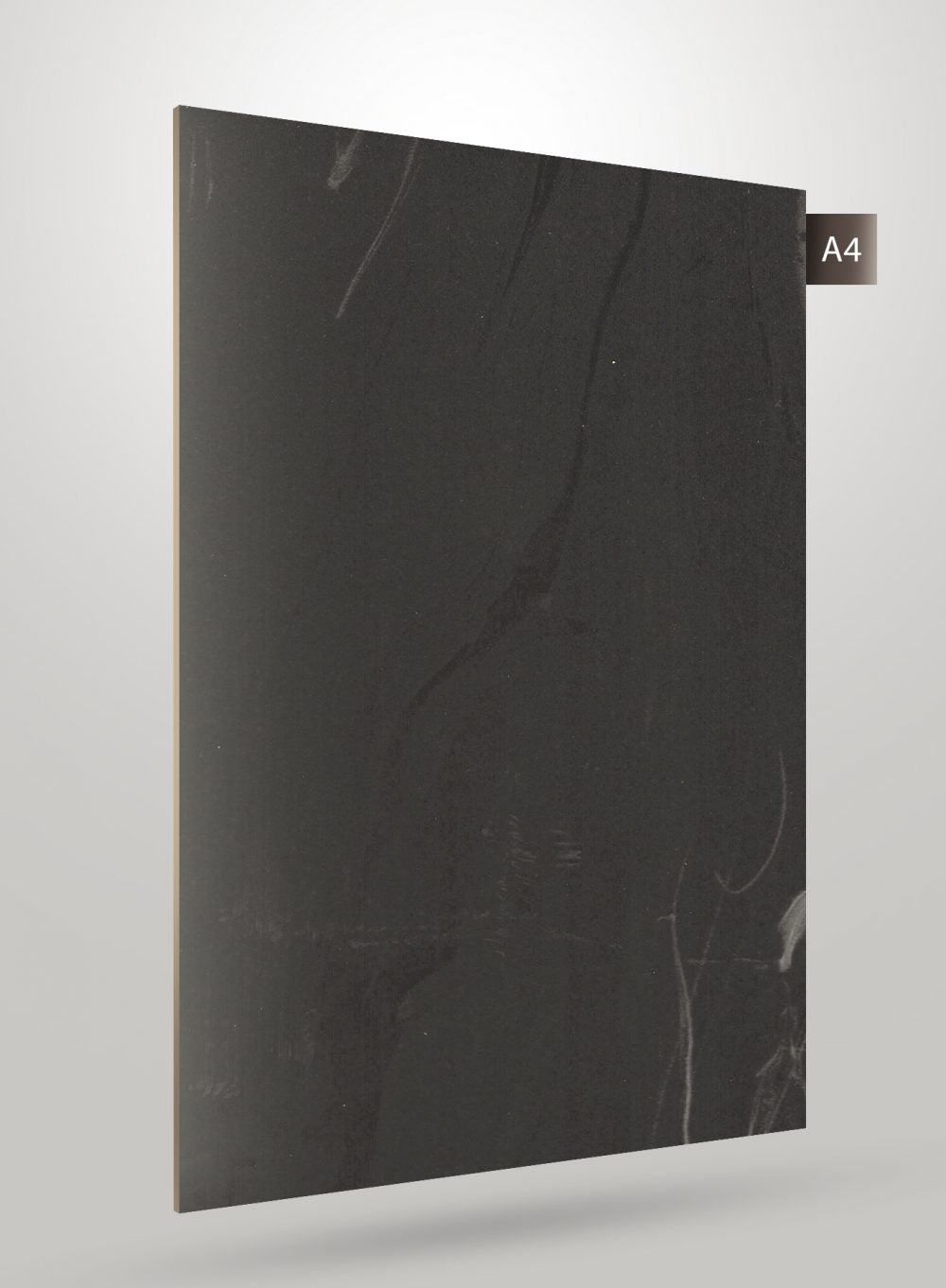 Black marble laminate with white veining and matte finish, decorative stone pattern visible on the surface.