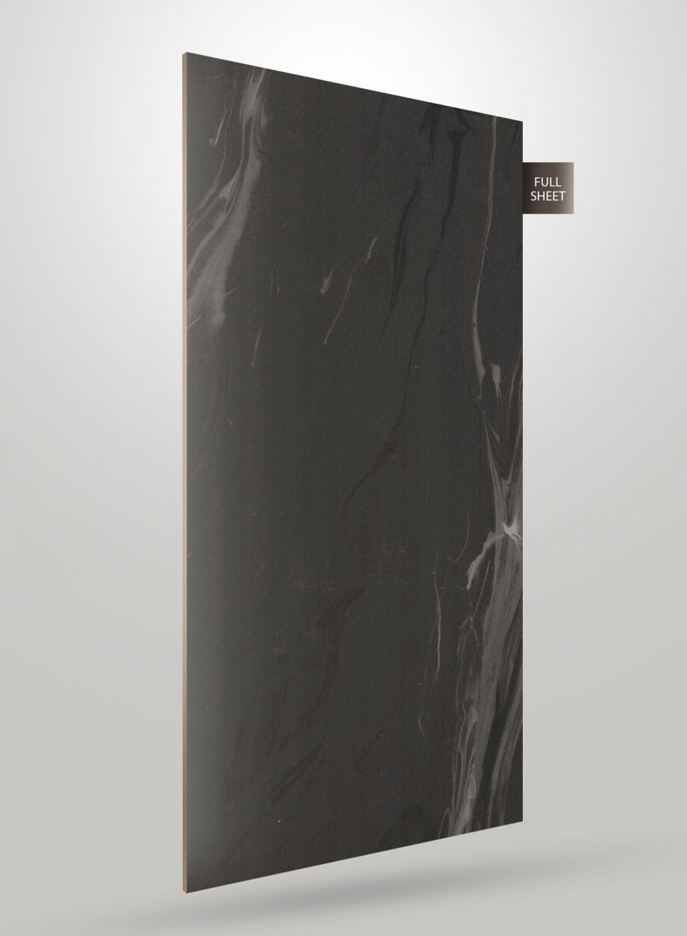 Matte black marble laminate sheet with white veining and subtle sheen, displayed as a full sheet.