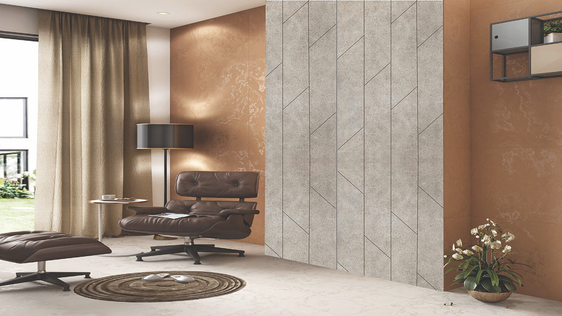 Multicolour marble laminate with matte finish and stone pattern on wall in modern interior design setting