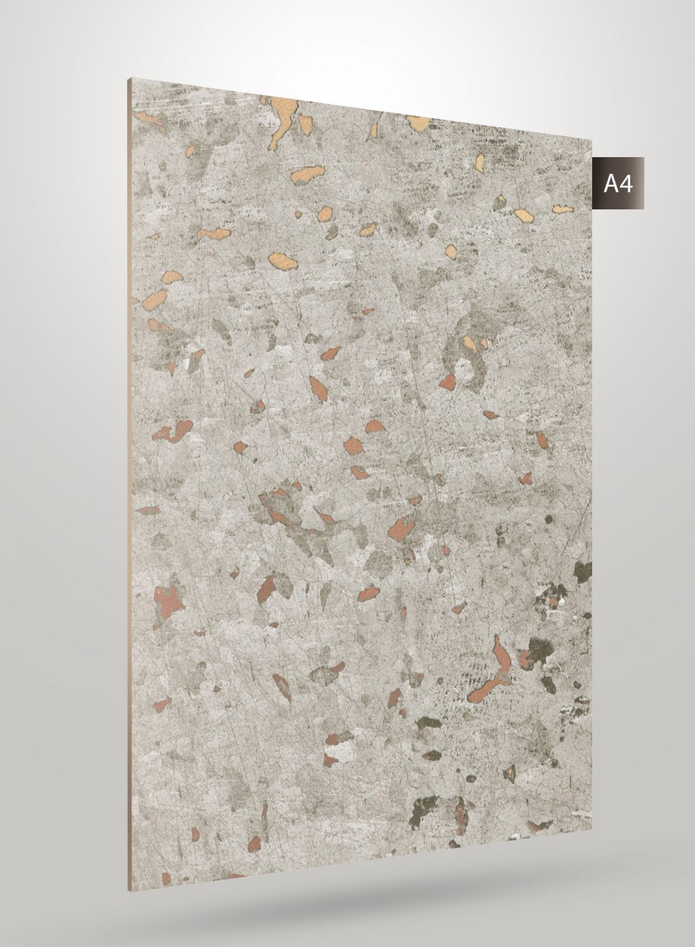 Multi-coloured marble laminate with beige and orange flecks, matte finish, and textured surface resembling natural stone.