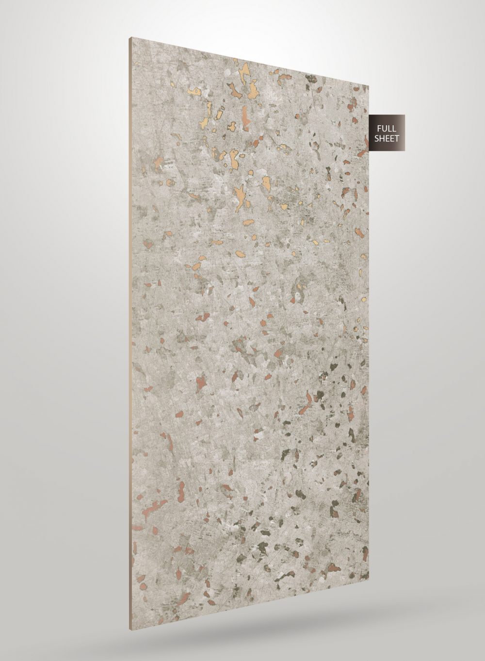 Multi-colour terrazzo patterned laminate sheet with flecks of orange and brown on a grey background, matte finish.