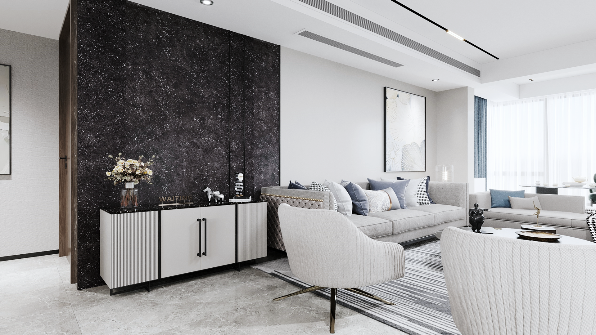 Black marble laminate wall with white speckles in modern living room with gray sofa and white furniture and decor