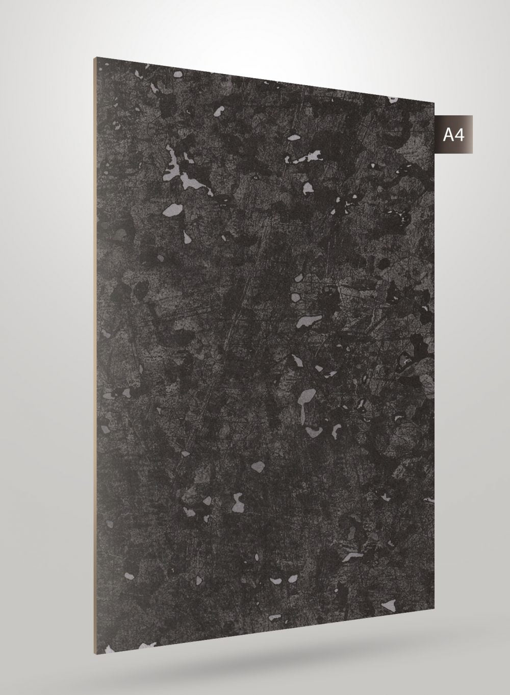 Dark grey marble laminate with white speckles and matte finish, showcasing stone pattern and texture.