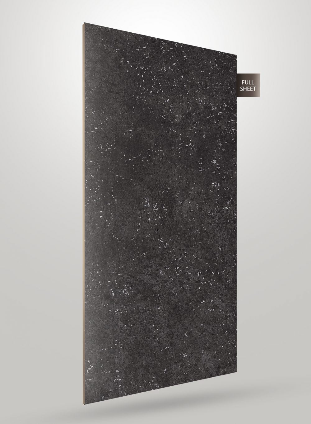 Dark grey marble laminate sheet with white speckles and matte finish, showing full sheet view with visible texture and