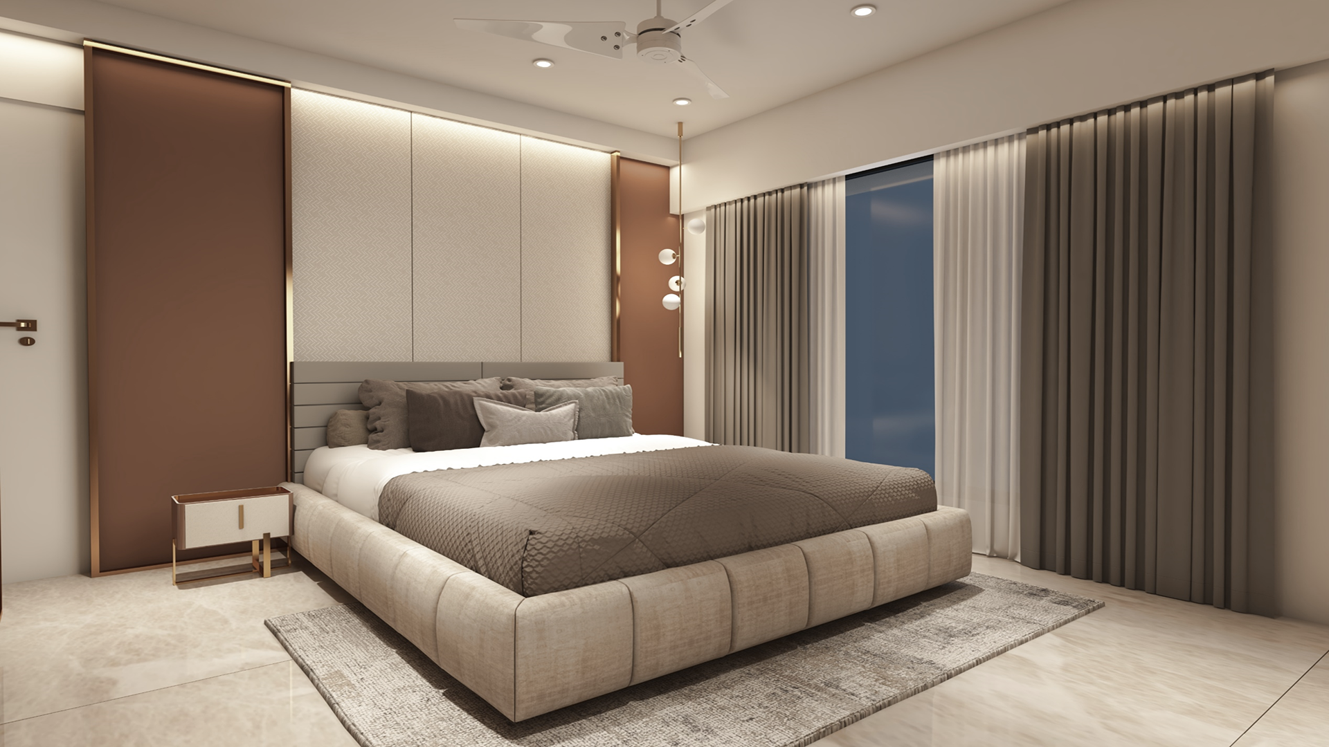Multicolour marble laminate with matte finish and textured pattern, used in modern bedroom interior design with neutral tones