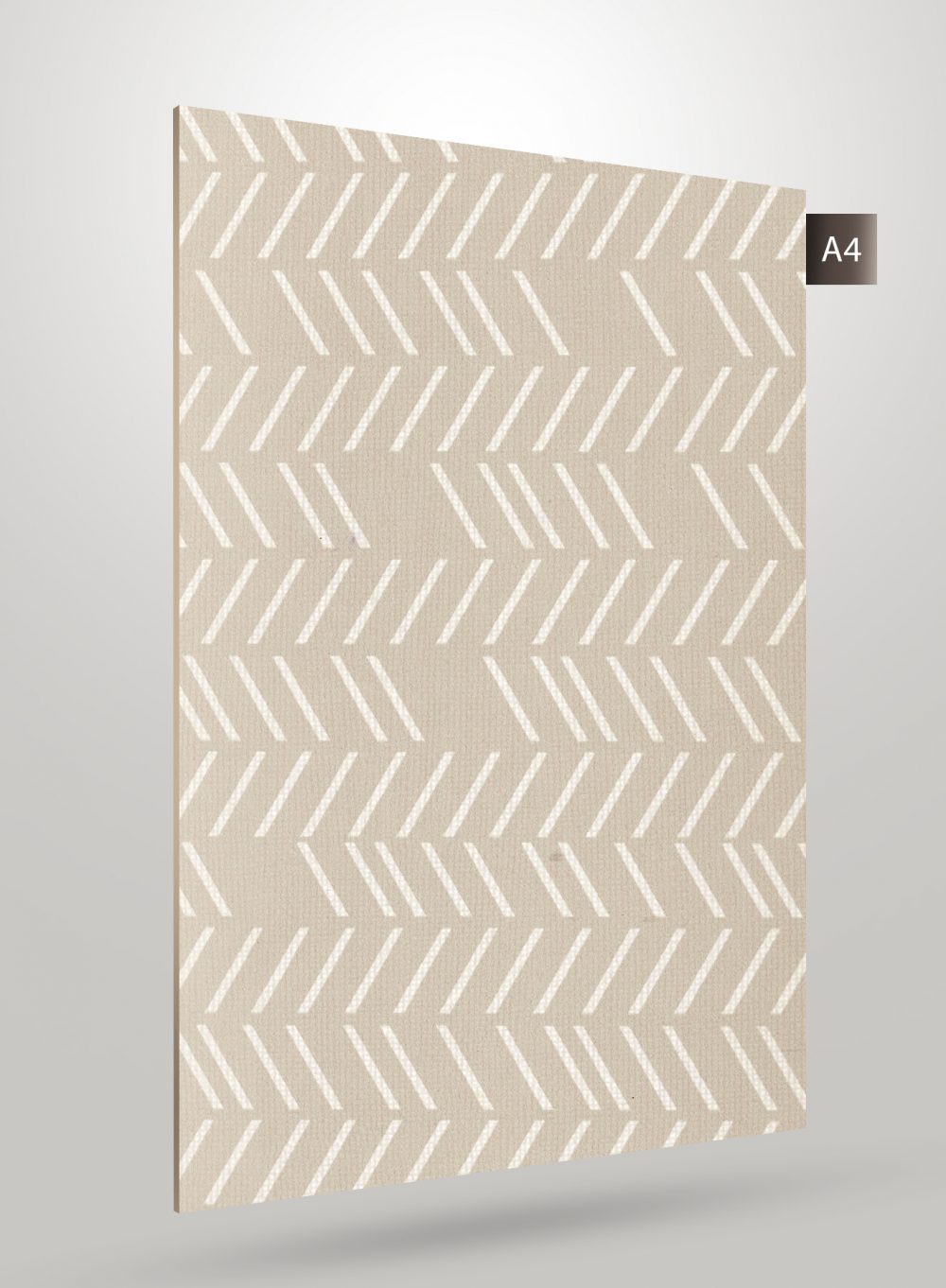 Beige laminate with white chevron pattern and matte finish, showing texture and thickness, decorative laminate sample.