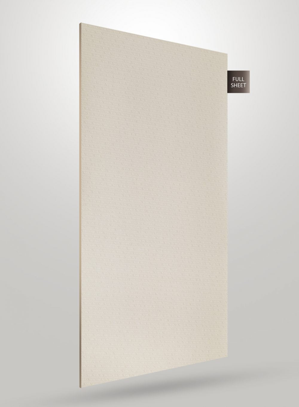 Matte beige laminate sheet with subtle texture and FULL SHEET label on corner, showing thickness and full size view