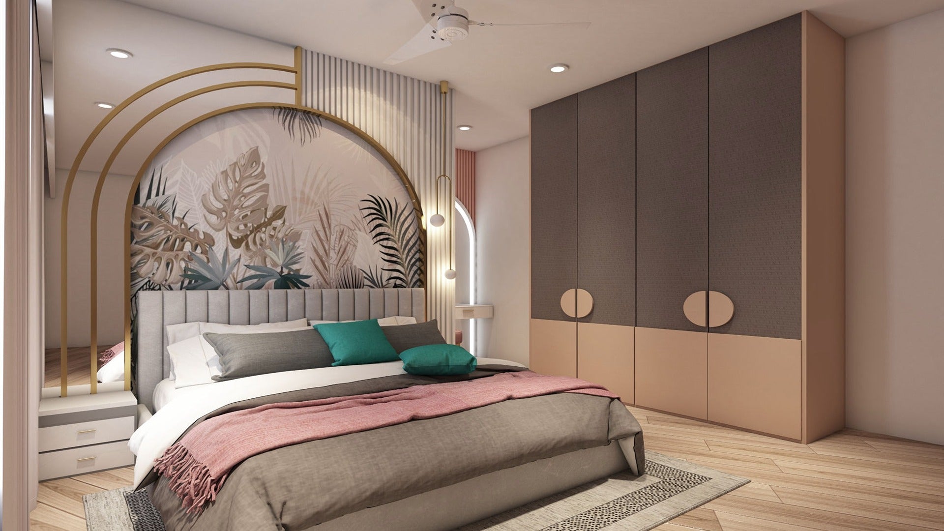 Multi-colour tropical leaf patterned laminate wall decor in modern bedroom with grey bed and wooden floor.