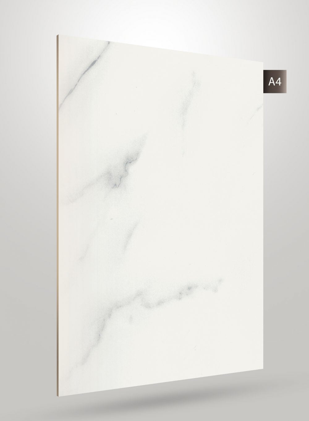 White marble laminate sheet with grey veining and matte finish displayed on a grey background with A4 label.