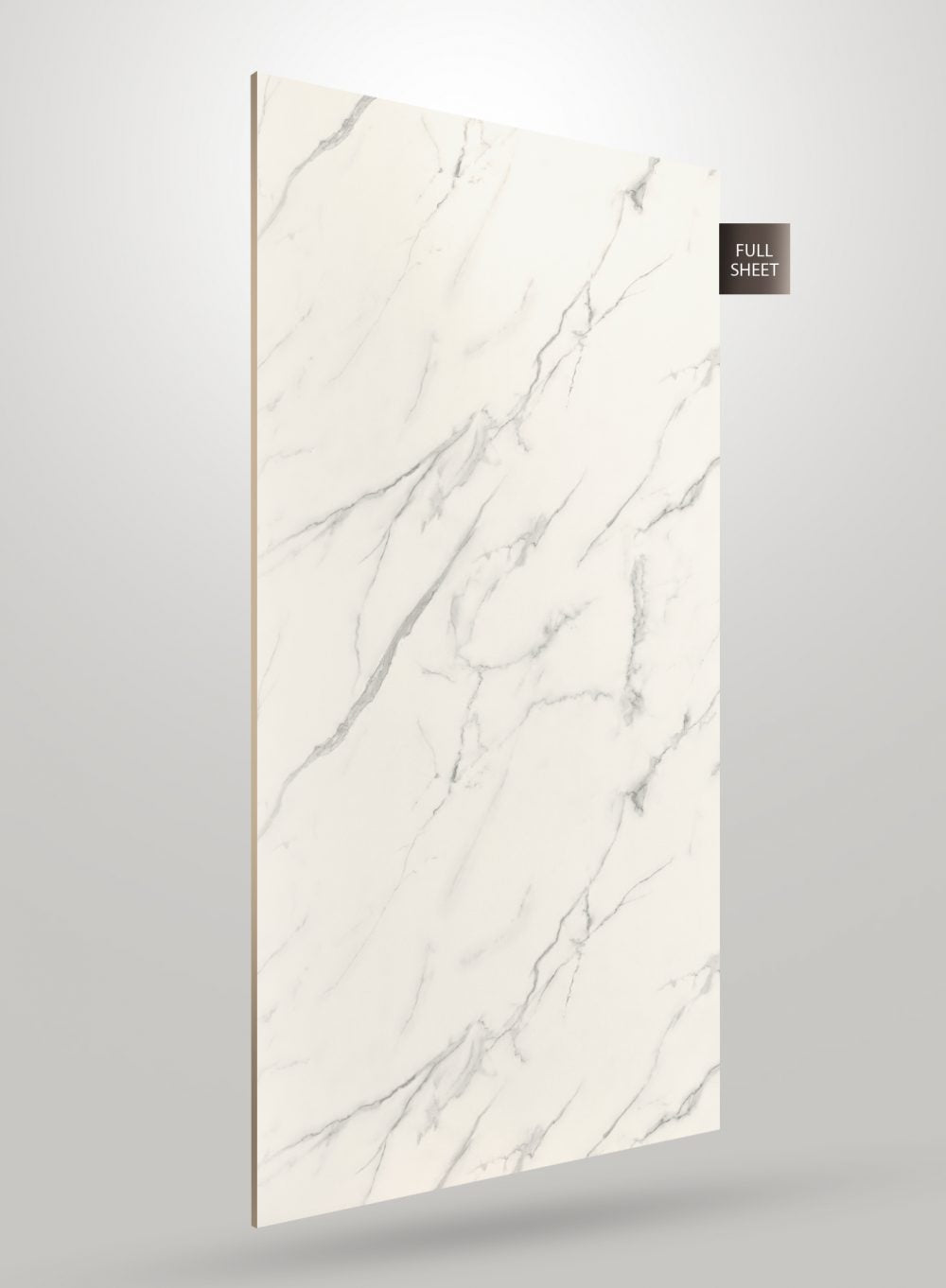 White marble laminate sheet with gray veining and matte finish, displayed upright with visible edge and full sheet label.