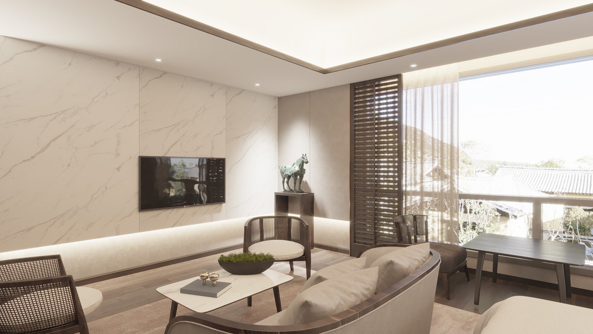 White marble laminate wall in modern living room with furniture and large window showing outdoor scenery.
